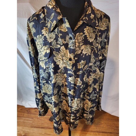 Cezar Men's 100% Silk  Button Up Shirt sz XL Black Floral L/S  Sleeve Read - Picture 1 of 7